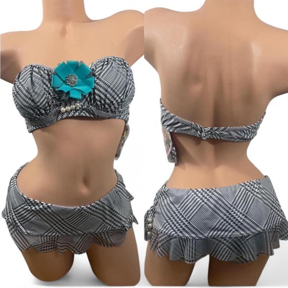 Betsey Johnson Bikini Houndstooth Teal Gray White Retro Vtg Bow Jewels Duchess